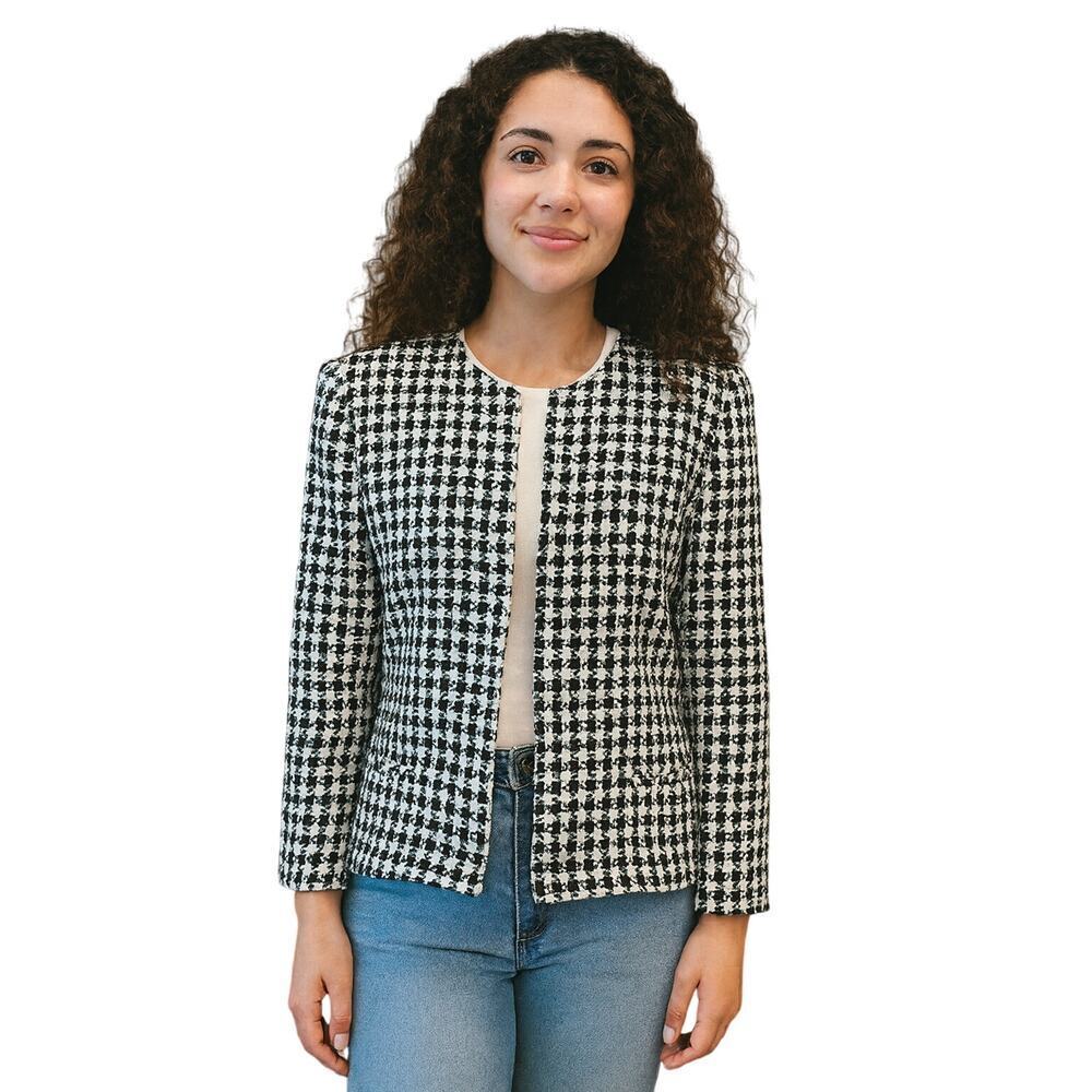 Sparkle houndstooth black shiny shaket full zip blazer vintage dress barn sz 10